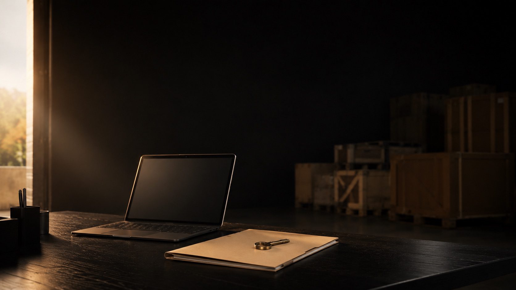 Laptop, manila folder and brass key on a dark desk representing Hobbs Displays' privacy and data protection