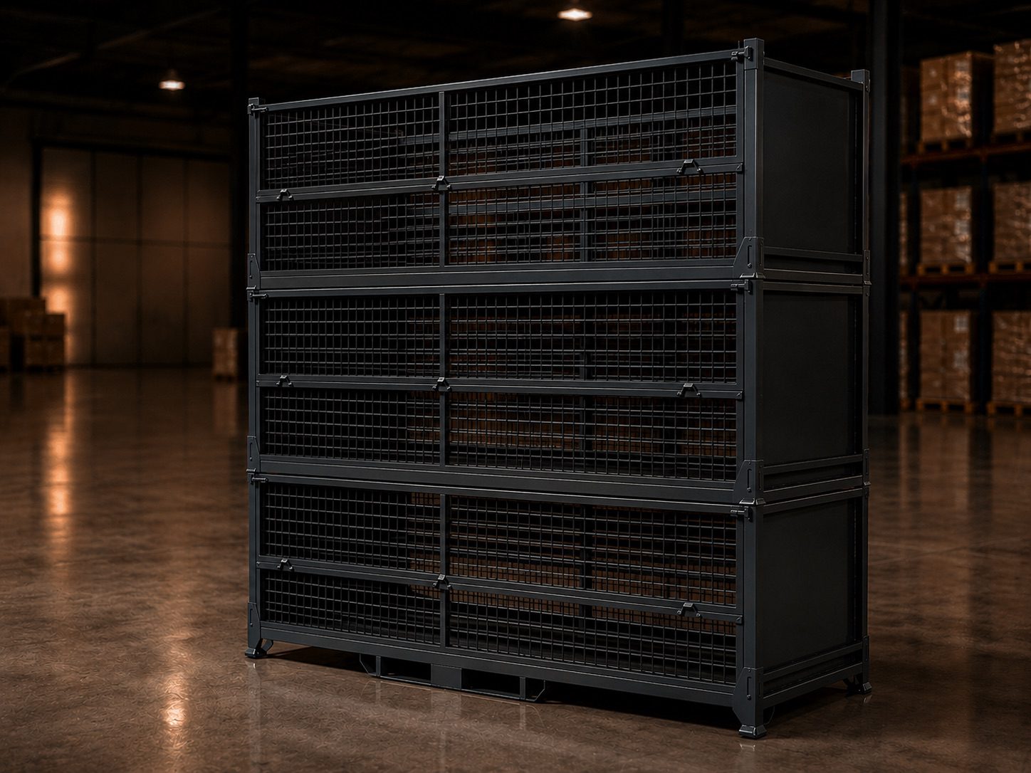Three powder-coated steel stillage cages stacked in a Perth warehouse showing stackable design &mdash; Hobbs Displays