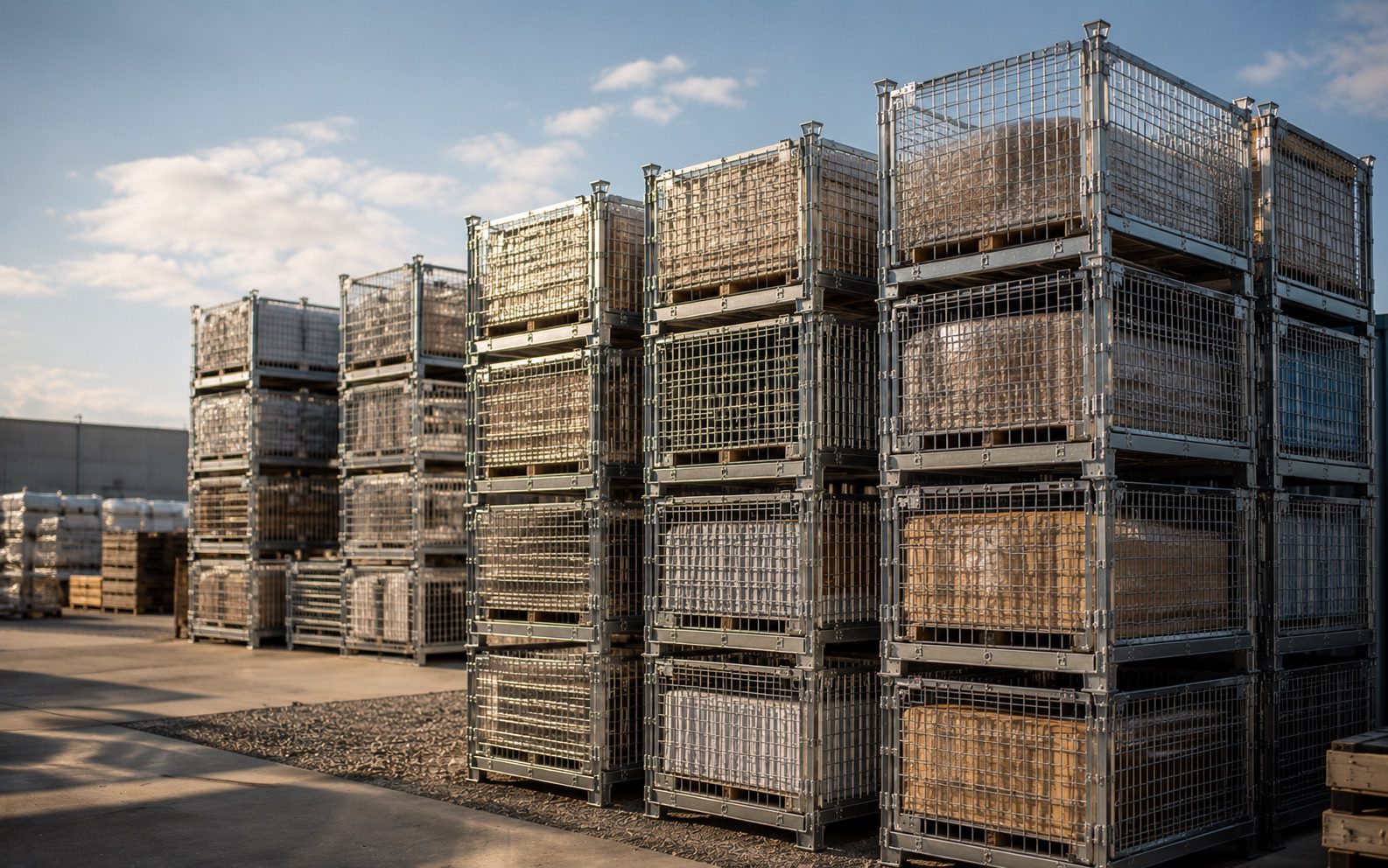 Galvanised steel mesh stillage cages stacked in an outdoor storage yard, available for hire from Hobbs Displays