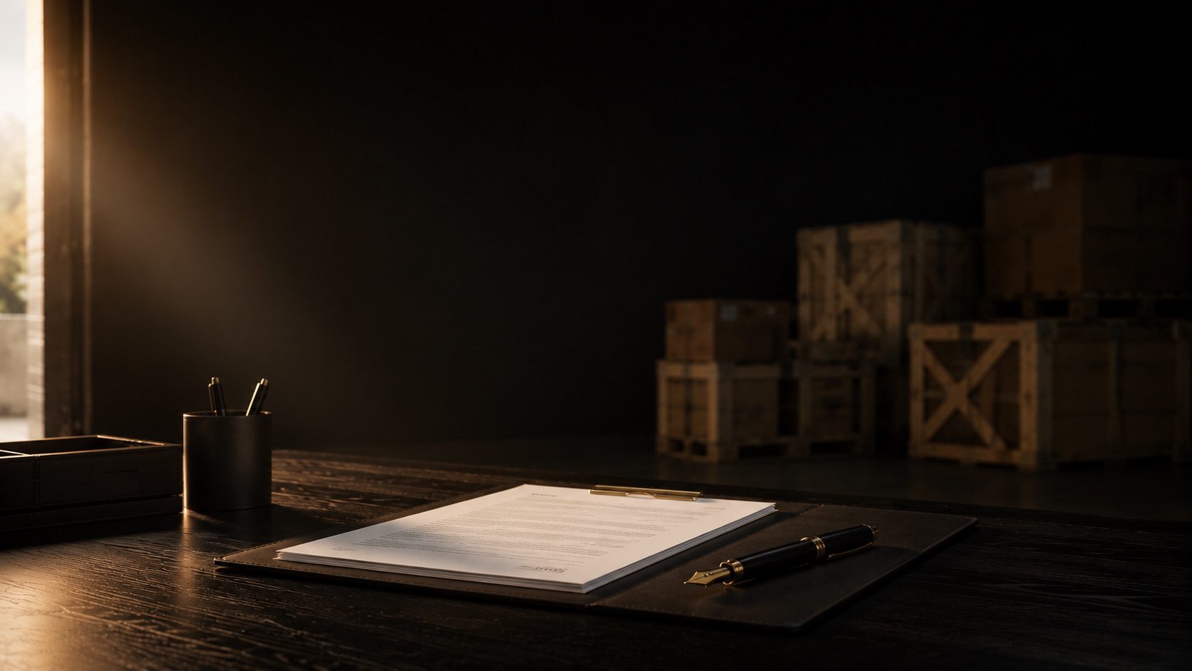 Printed purchase agreement and fountain pen on a dark desk with shipping crates behind, representing Hobbs Displays' terms and conditions