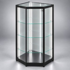 LuxArc counter corner glass display cabinet in black, 1.1m high with LED lighting