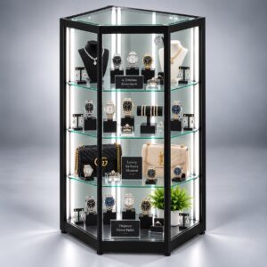 Black LuxArc corner glass display cabinet filled with watches, necklaces and earrings under LED corner lighting