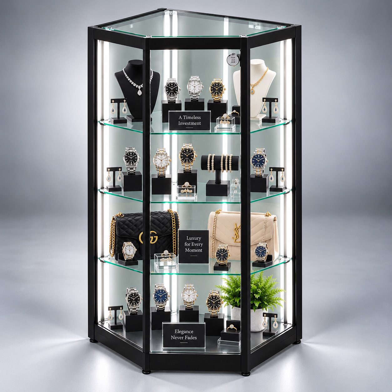 Black LuxArc corner glass display cabinet filled with watches, necklaces and earrings under LED corner lighting