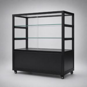 Black LuxFold foldable glass display counter on castors with two glass shelves, sliding glass doors and a lockable storage base