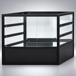 Two black LuxFold foldable glass display counters joined at an angle to form a corner layout, with sliding glass doors and lockable storage bases