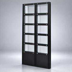 The LuxFold Tower foldable glass display cabinet folded flat, its black frame and glass panels closed together for transport and storage