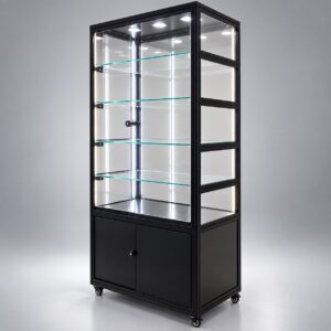 Black LuxFold Tower foldable glass display cabinet on castors with four lit glass shelves, three downlights, corner LED strips, swing glass doors and a lockable two-door storage base