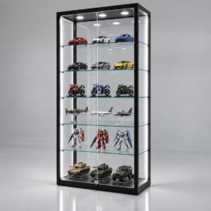 Black LuxSpan glass display cabinet filled with model cars, motorbikes, aircraft and tanks under LED lighting