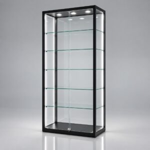 Black LuxSpan glass display cabinet, 900mm wide, with five lit glass shelves and lockable sliding doors