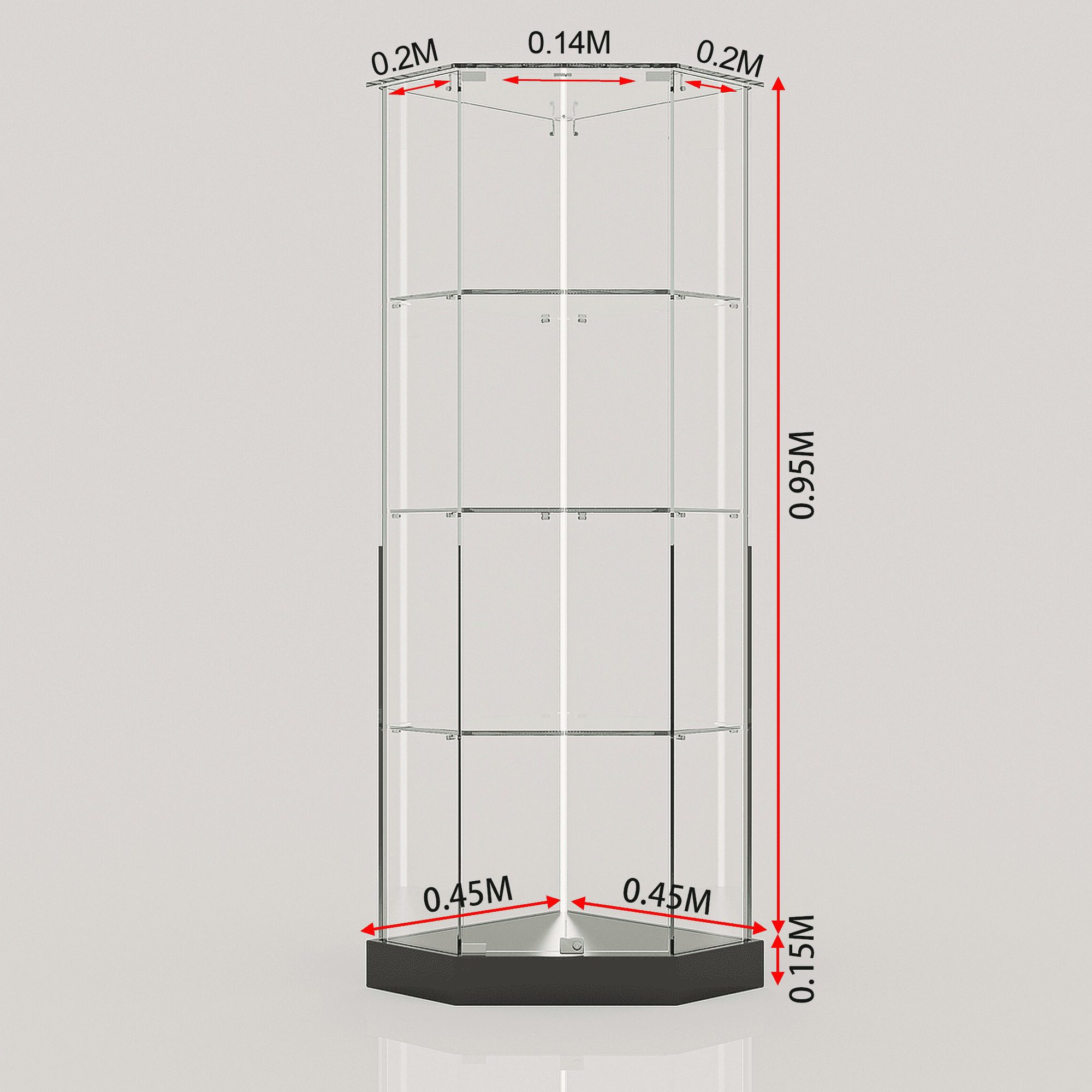 Dimension drawing of the ClearEdge Counter Corner cabinet on a black base, front measurements marked