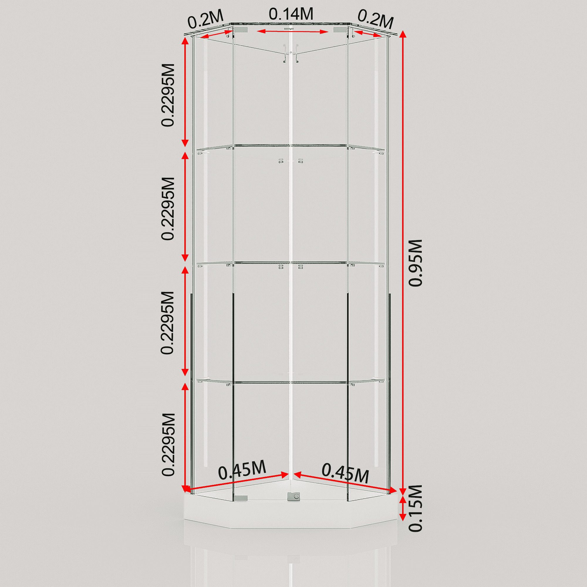 Dimension drawing of the ClearEdge Counter Corner cabinet on a white base, with shelf spacings marked