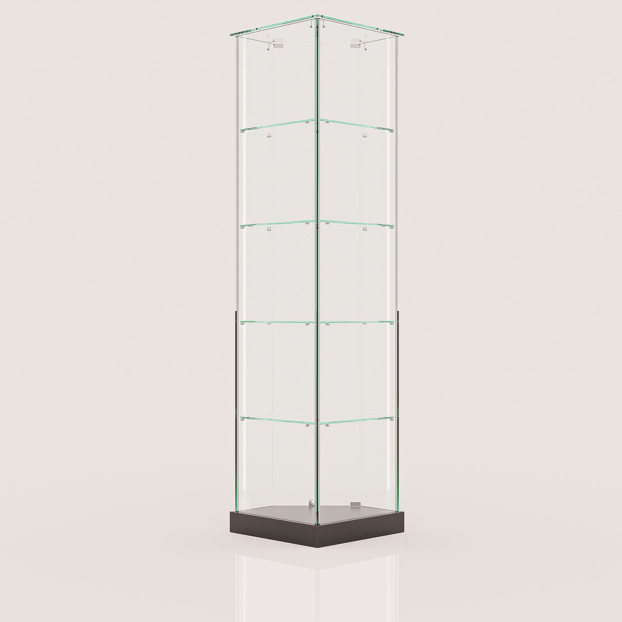 ClearEdge Slim Corner frameless glass display cabinet on a black base, angled from the other side, empty