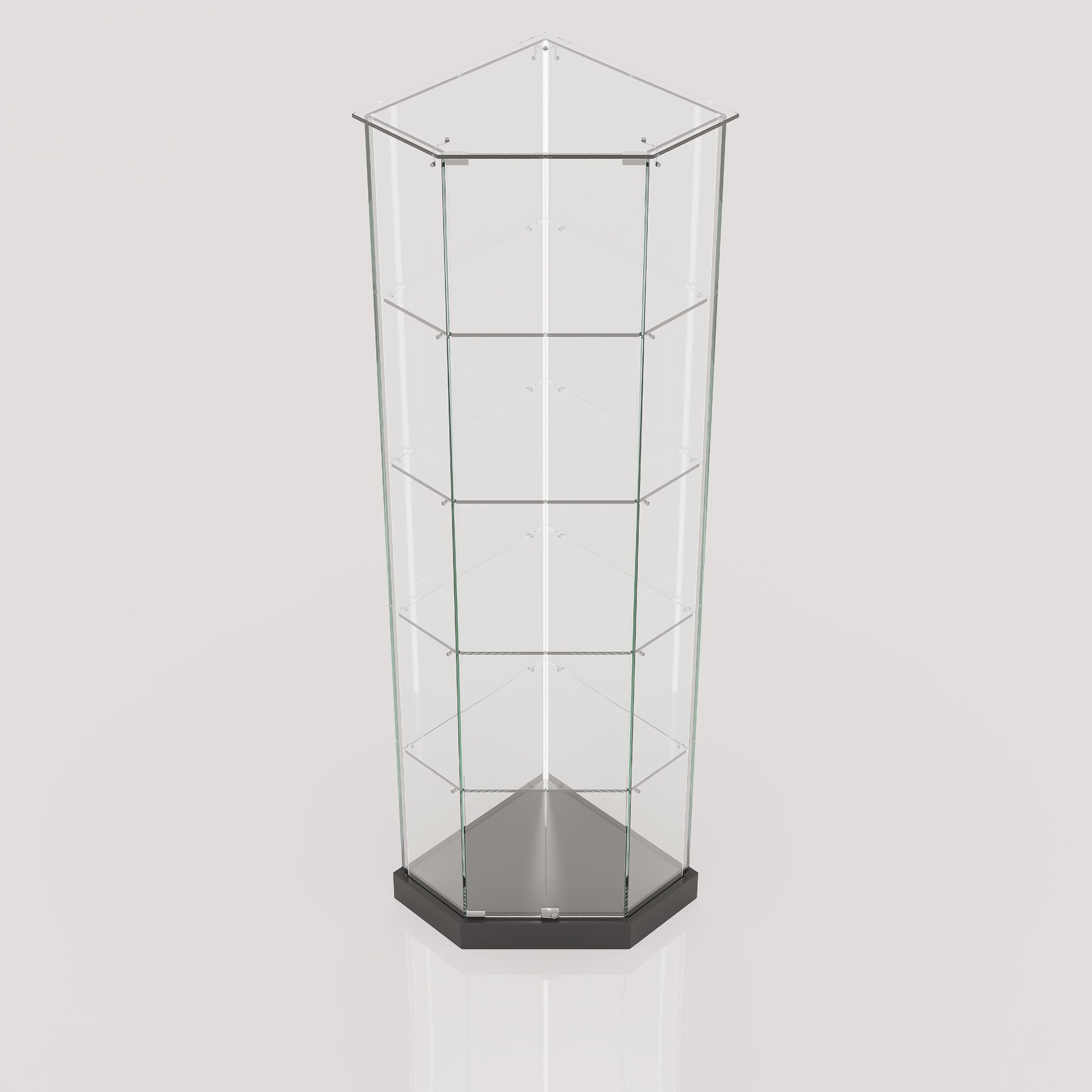 ClearEdge Slim Corner frameless glass display cabinet on a black base, seen from an angle, empty