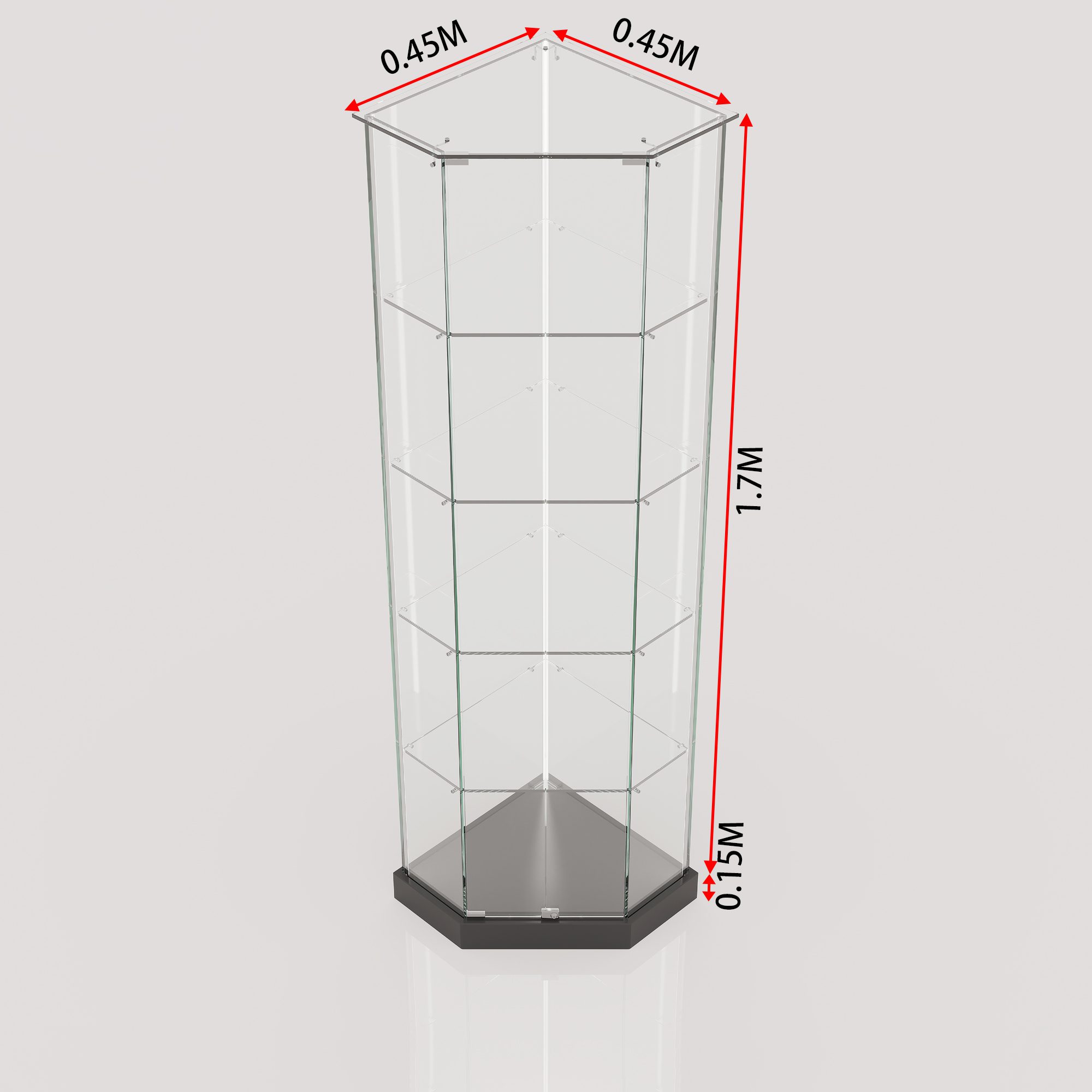 Dimension drawing of the ClearEdge Slim Corner on a black base: 0.45m rear sides, 1.7m glass section on a 0.15m base