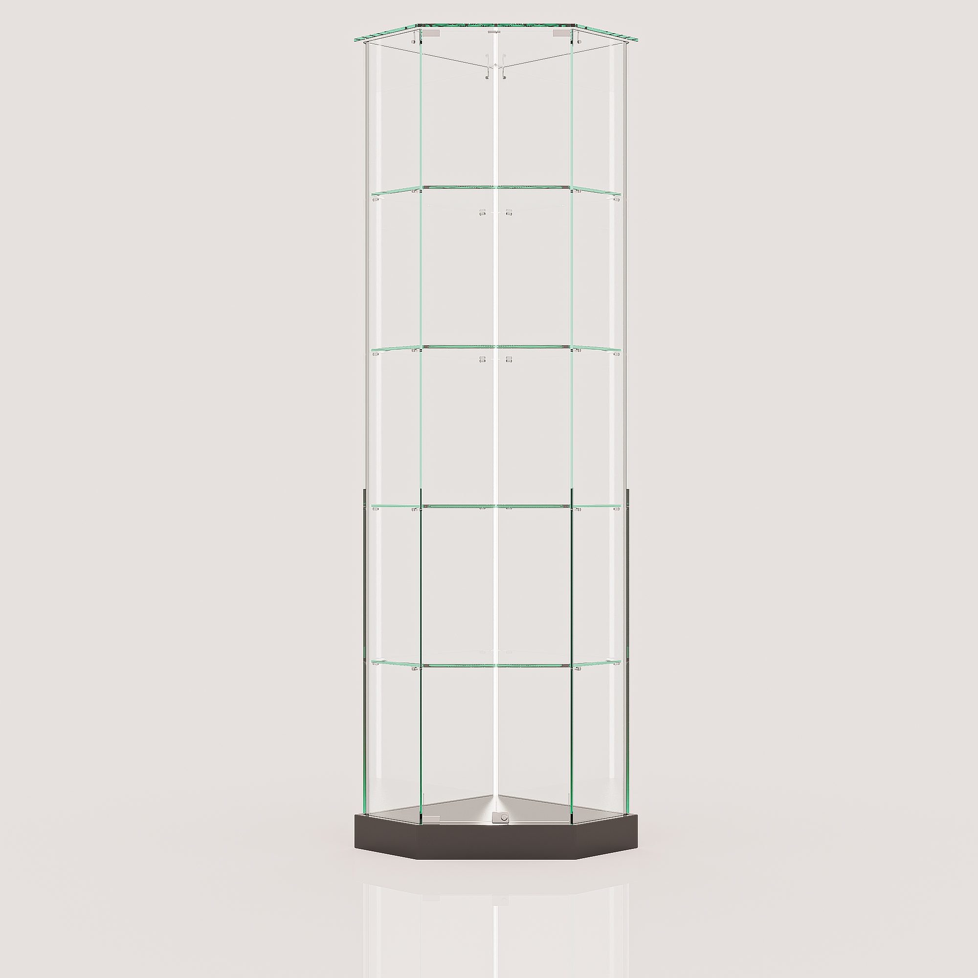 ClearEdge Slim Corner frameless glass display cabinet on a black base, front view with the five glass sides visible