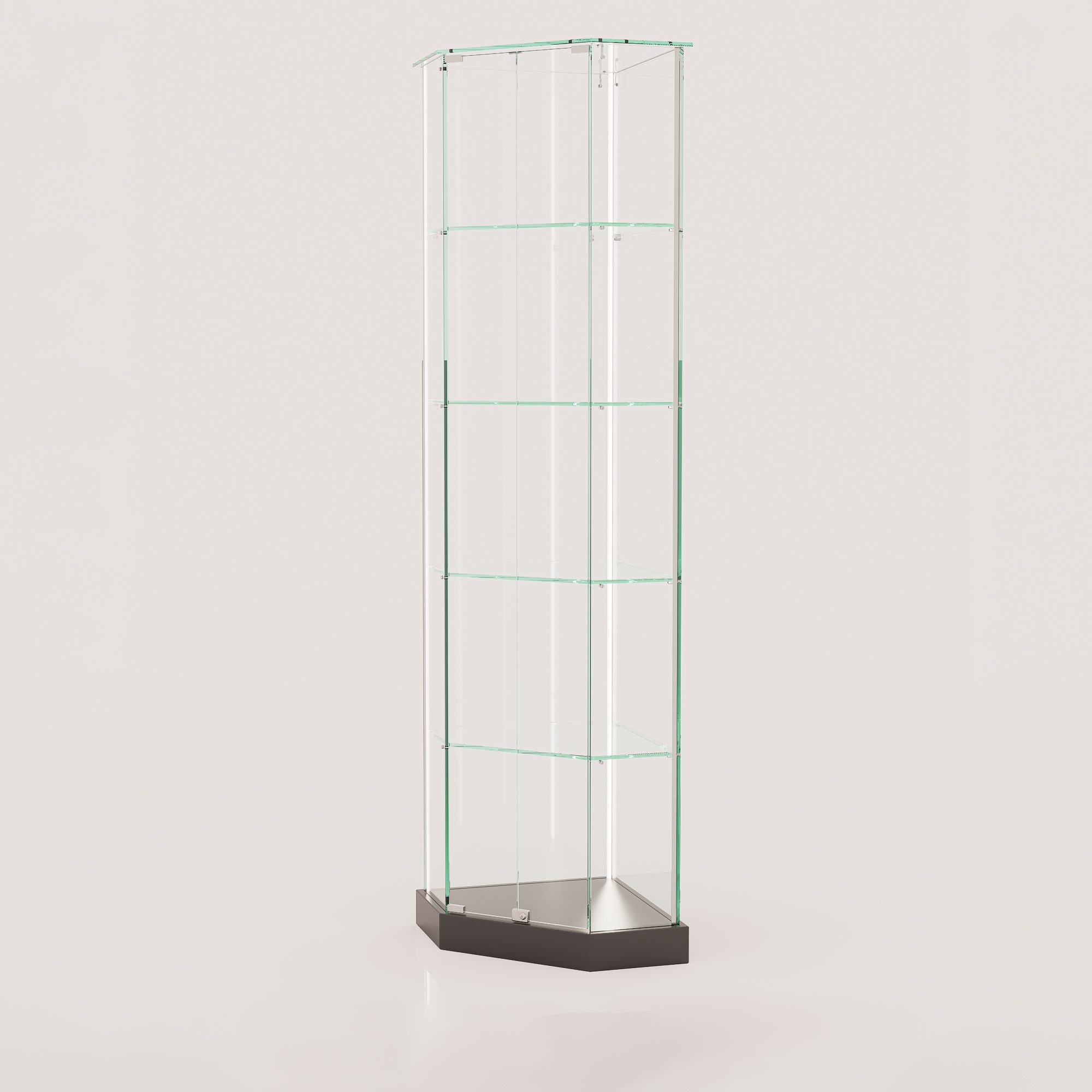 ClearEdge Slim Corner frameless glass display cabinet on a black base, seen from the front, empty