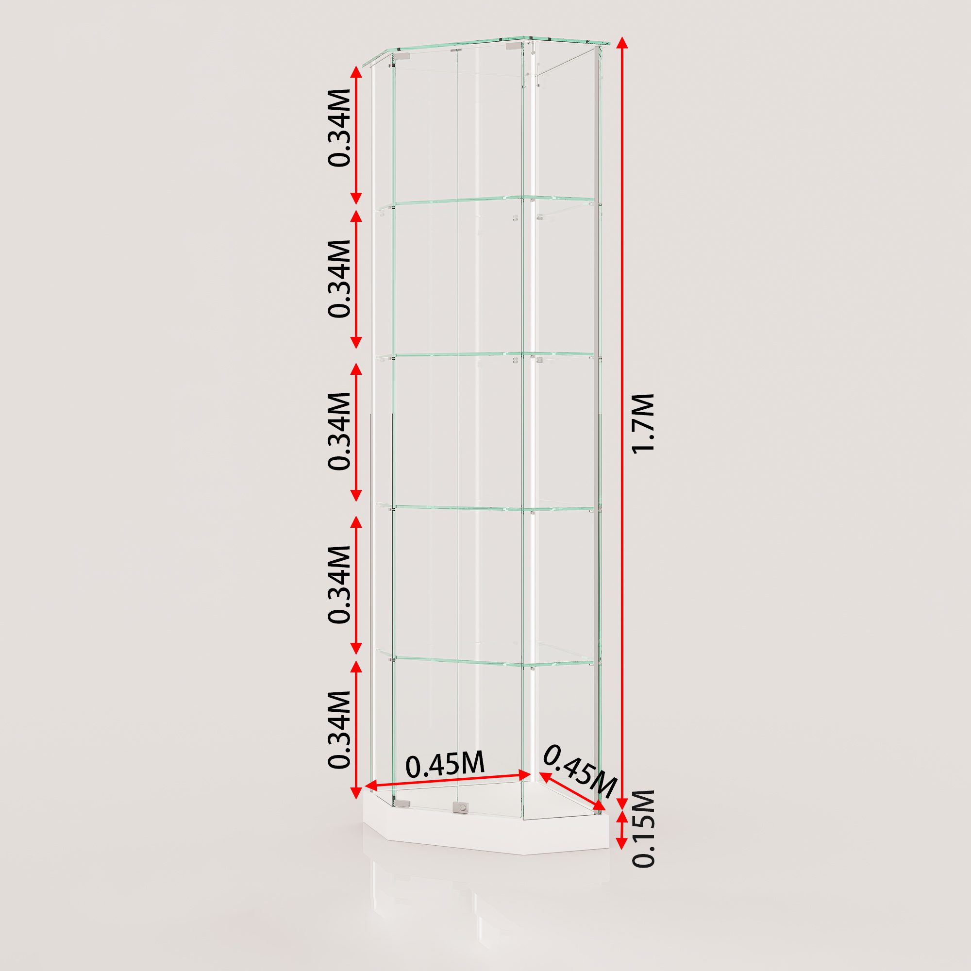 Dimension drawing of the ClearEdge Slim Corner on a white base, with the four shelf spacings marked