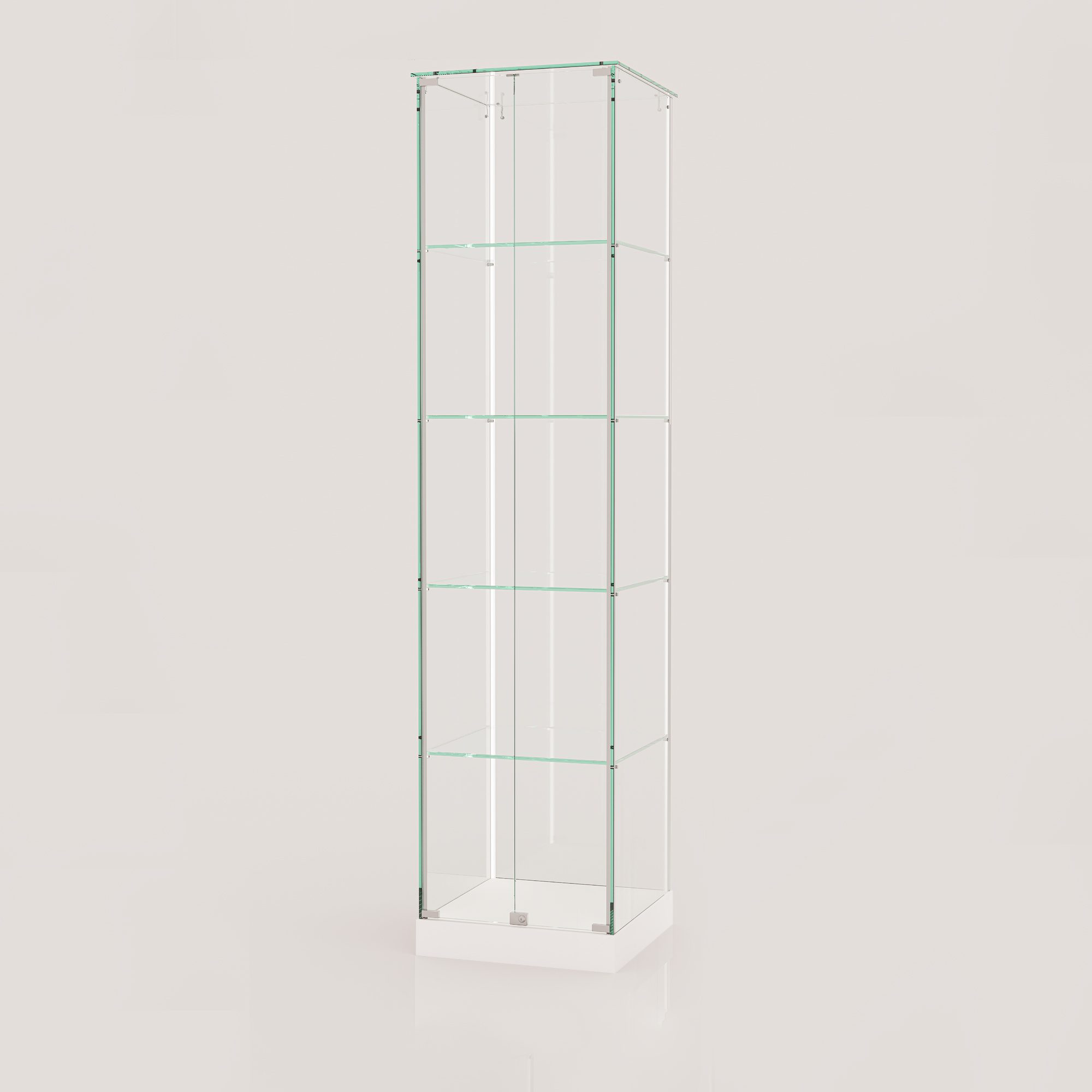 ClearEdge Slim glass display cabinet in white, eye level view