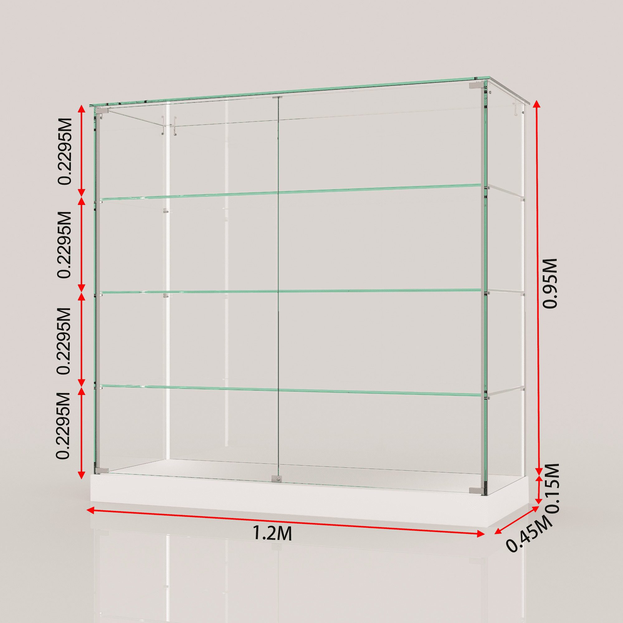 Dimension drawing of the ClearEdge Wide Counter: 1.2m wide, 0.45m deep, 0.95m glass section on a 0.15m base