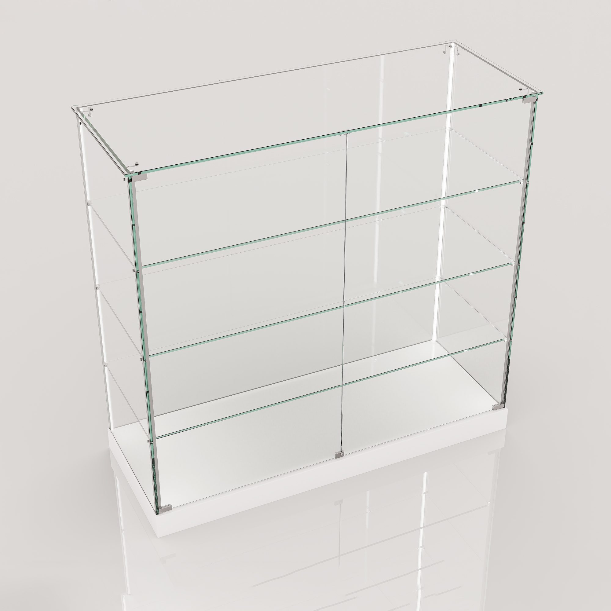 ClearEdge Wide Counter frameless glass display cabinet on a white base, seen from an angle