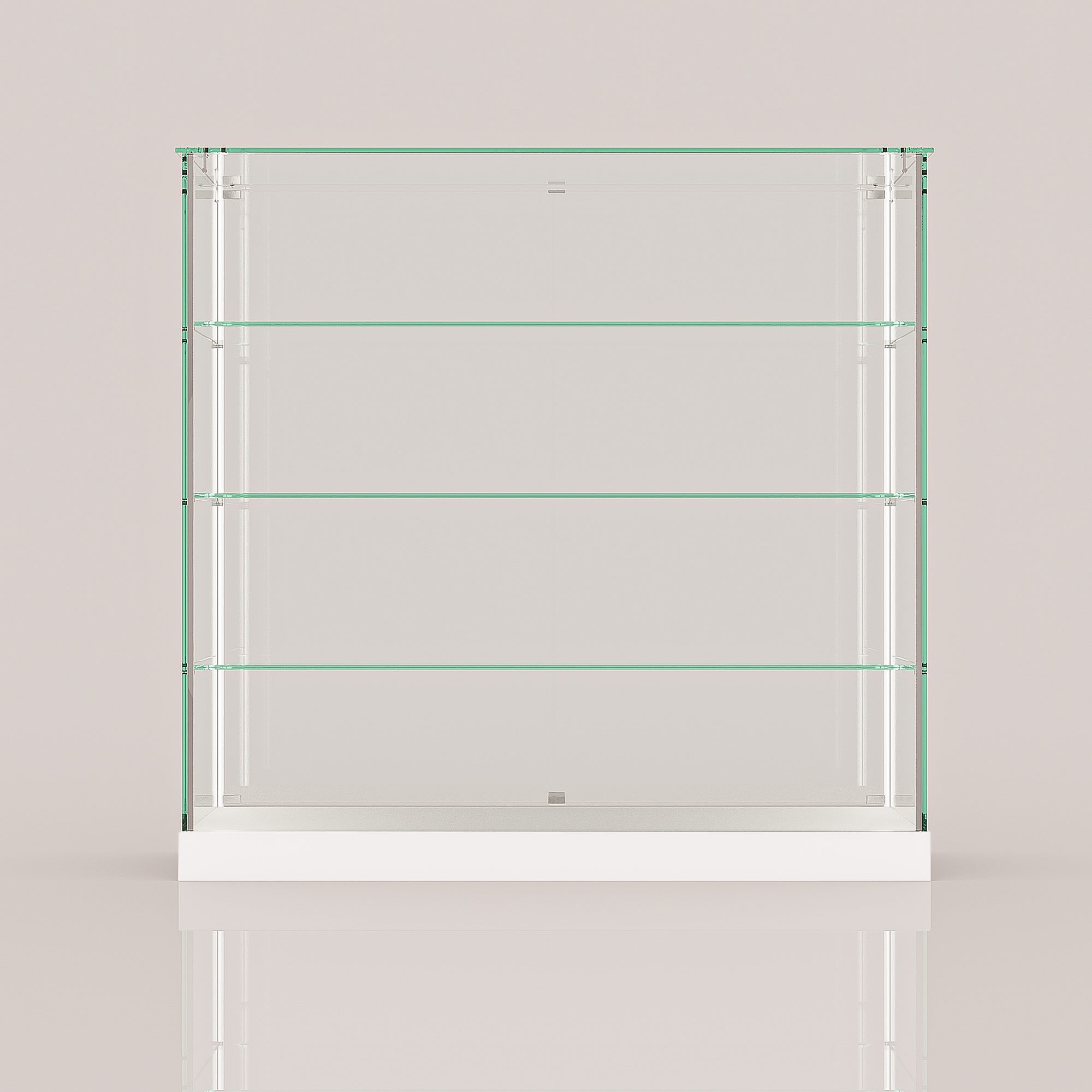 ClearEdge Wide Counter frameless glass display cabinet on a white base, seen from the front