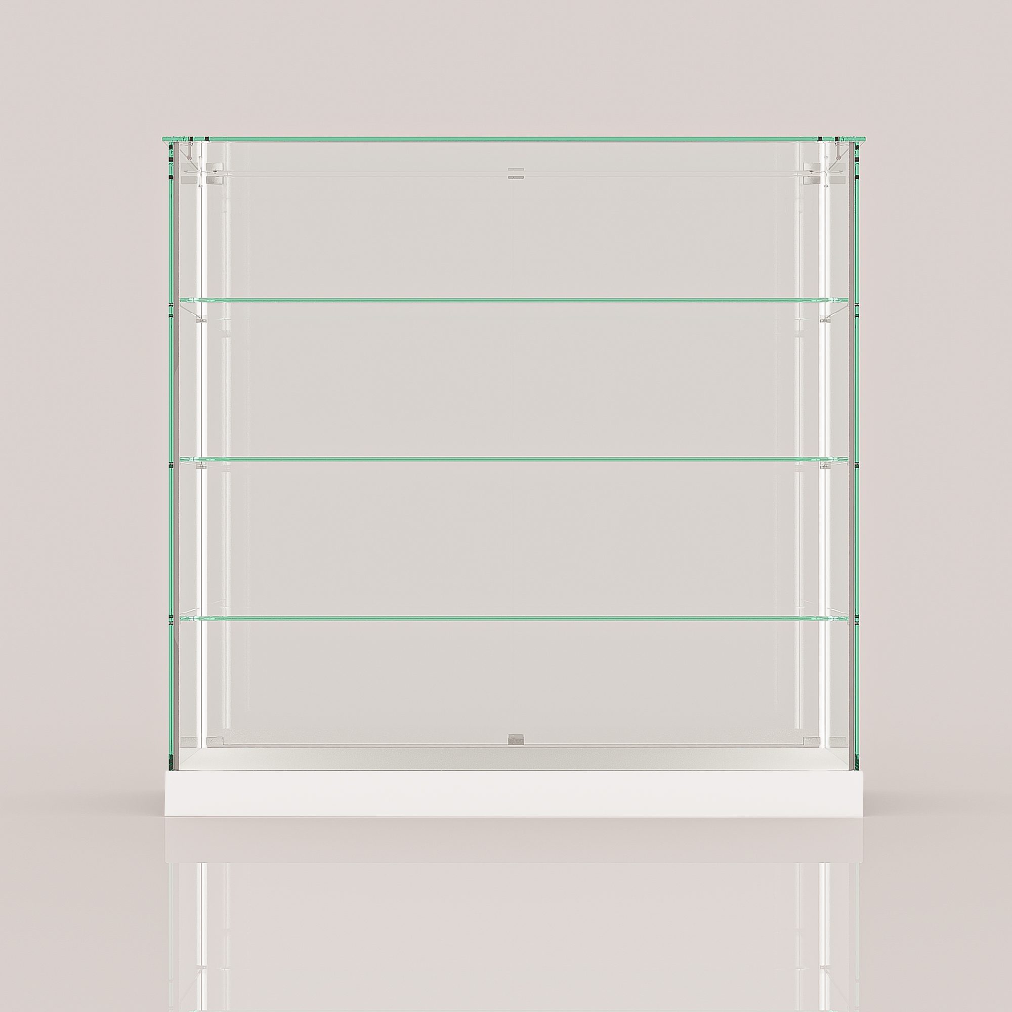 ClearEdge Wide Counter frameless glass display cabinet on a white base, seen from the back