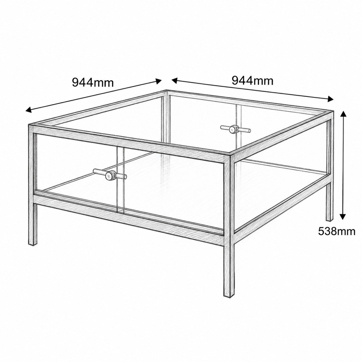 Custom glass display coffee table dimensions diagram, 944 by 944 by 538 mm