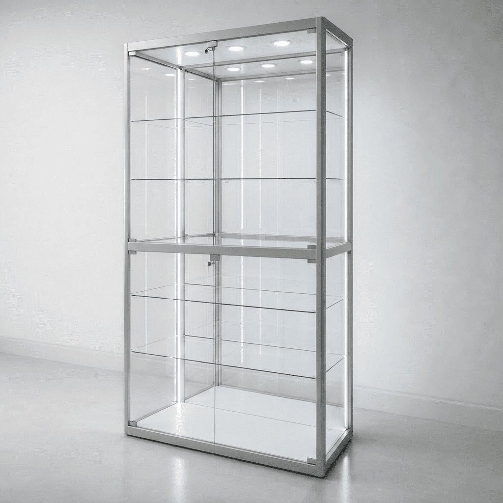 LuxCore Dual glass display cabinet in a silver frame