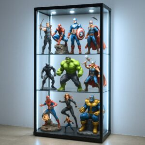 LuxGuard glass display cabinet in black, filled with collectable figures on lit glass shelves