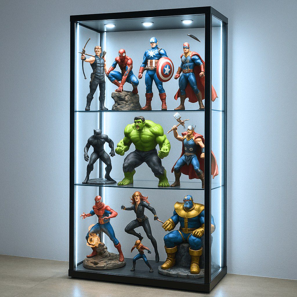 LuxGuard glass display cabinet in black, filled with collectable figures on lit glass shelves