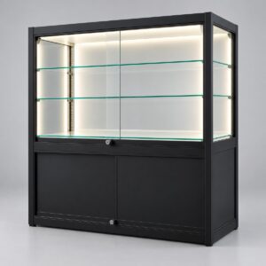 Black glass display counter with lockable storage base, 1200 x 500 x 1100mm, two LED lit glass shelves