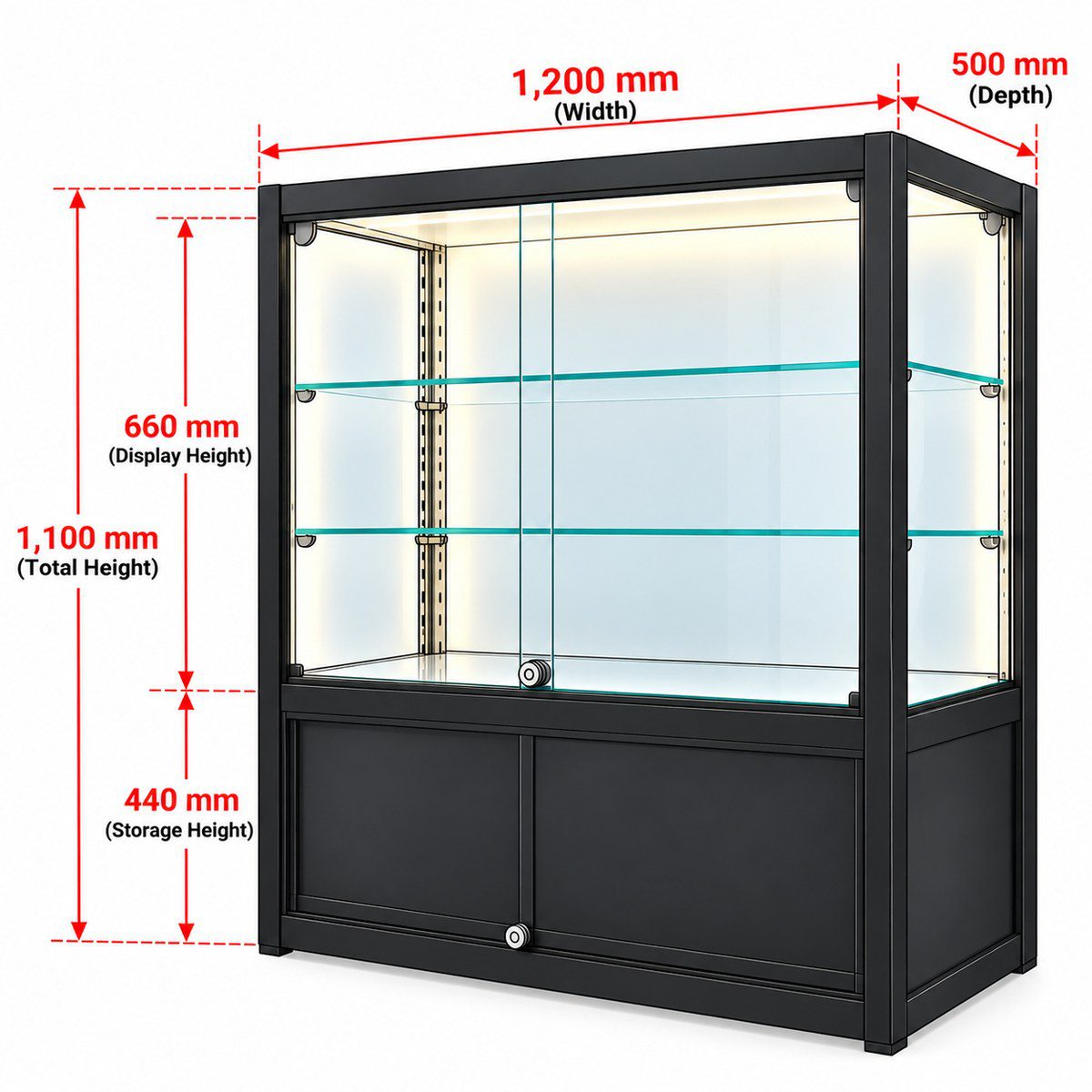 Dimensions: glass display counter with storage, 1200mm wide, 500mm deep, 1100mm total height, 660mm display section, 440mm storage base, two adjustable glass shelves