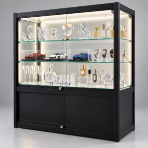 Black glass display counter filled with crystal, model cars, watches and perfume, LED lit, lockable storage base