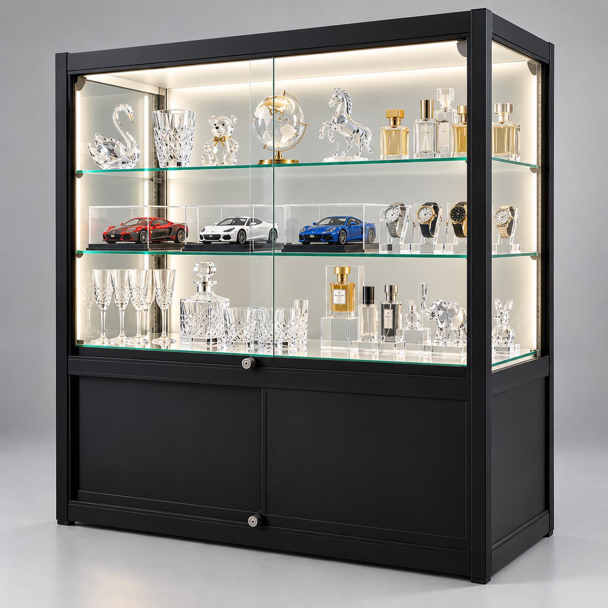 Black glass display counter filled with crystal, model cars, watches and perfume, LED lit, lockable storage base